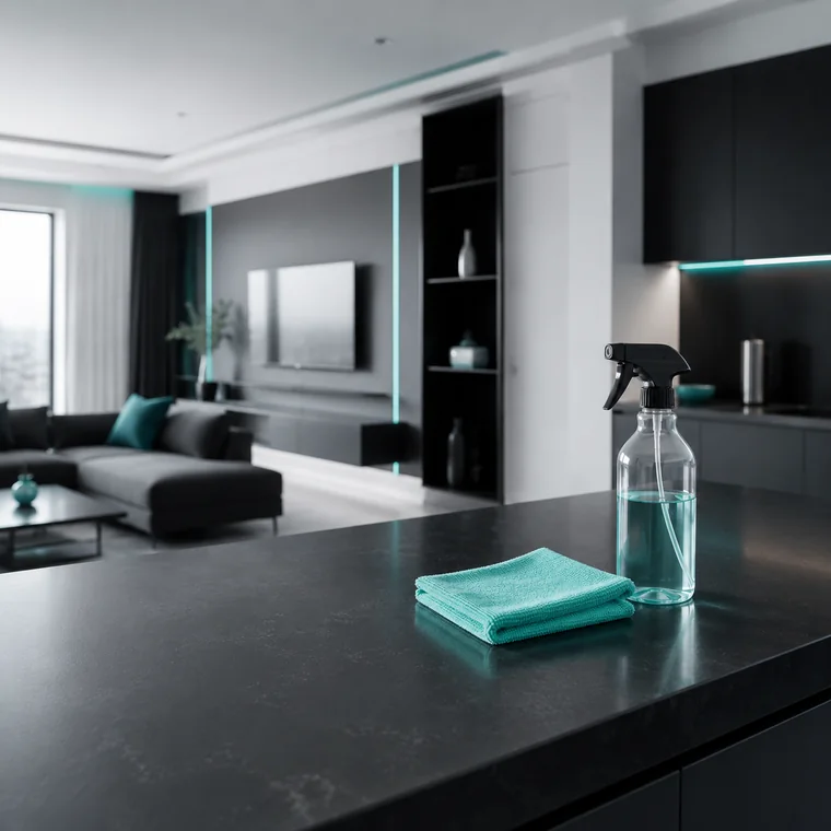 Salón y cocina de un piso limpio en tonos fríos